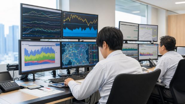 電力市場の相場チャートを見るトレーディングデスク